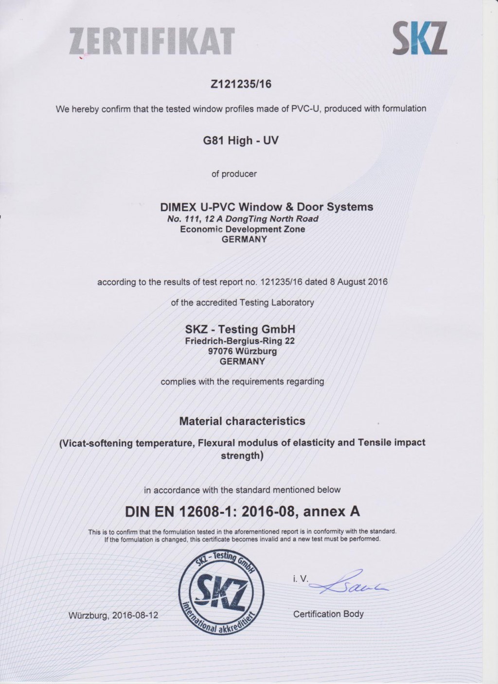 SKZ testing certificate DIMEX